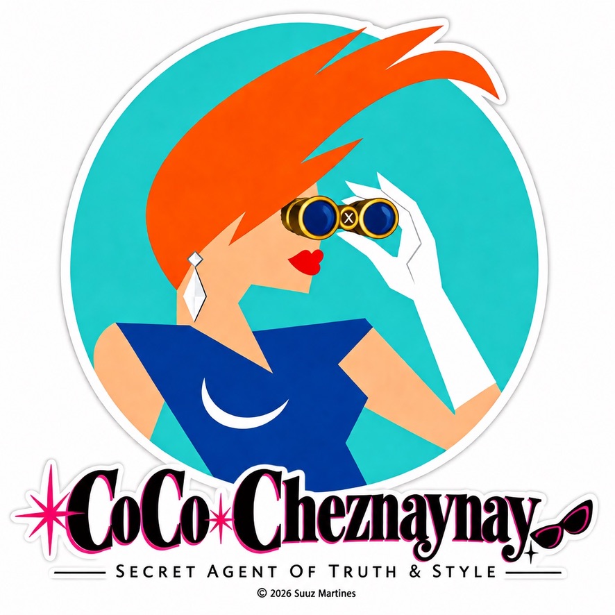 CoCo Cheznaynay, Secret Agent of Truth & Style, looking through binoculars against a bright aqua background.